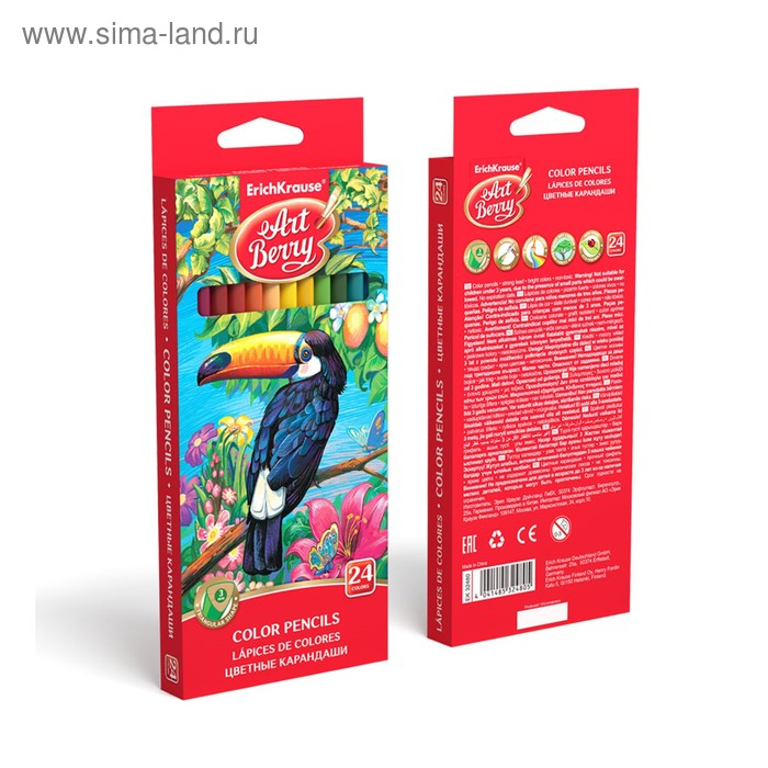 Карандаши 24 цвета ErichKrause ArtBerry премиум, дерево, трехгранные, яркий и мягкий грифель 3.0 мм, картонная упаковка, европодвес Карандаши 24 цвета ErichKrause ArtBerry премиум, дерево, трехгранные, яркий и мягкий грифель 3.0 мм, картонная упаковка, европодвес