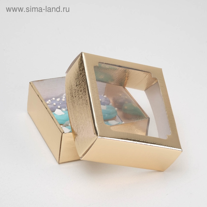 Коробка сборная, крышка-дно, с окном, золотая, 14,5 х 14,5 х 6 см