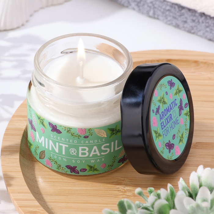 Свеча ароматическая в банке Свеча ароматическая в банке "Базилик и мята ", совый воск, 80 г