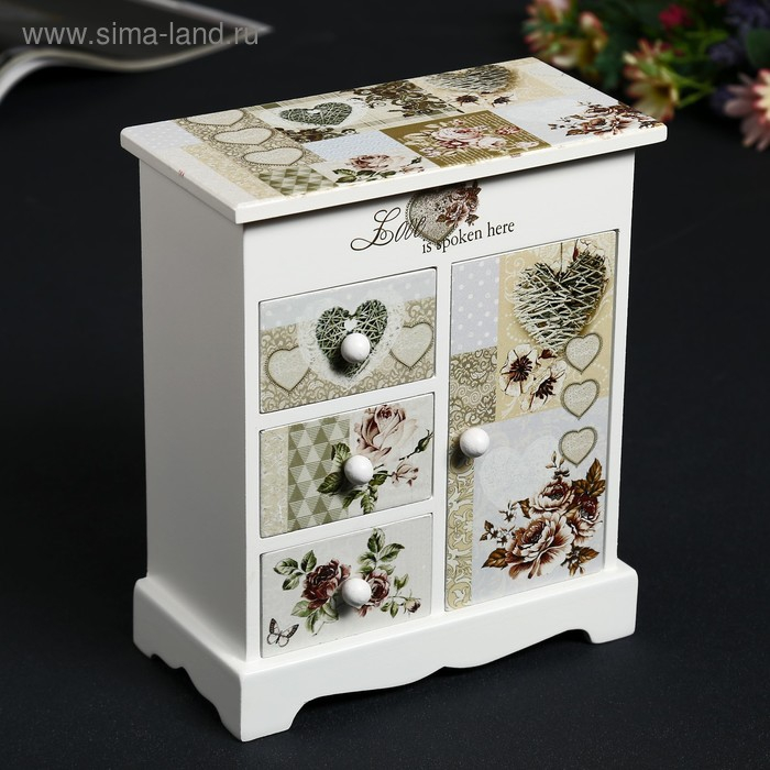 Шкатулка дерево комод 3 ящика+дверка Шкатулка дерево комод 3 ящика+дверка "Розы. Винтаж" 18,8х16,1х8,2 см