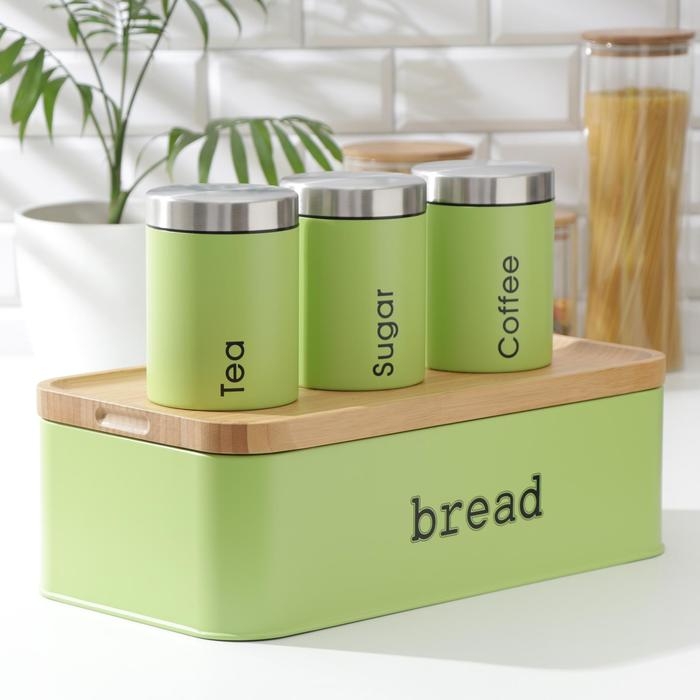 Набор банок для сыпучих продуктов Prime, 3 шт, с ложками, с хлебницей, цвет салатовый Набор банок для сыпучих продуктов Prime, 3 шт, с ложками, с хлебницей, цвет салатовый