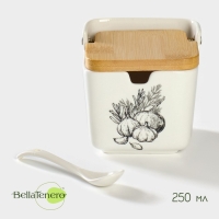Банка для хранения сыпучих продуктов с ложкой «Эстет. Овощи», 250 мл, с бамбуковой крышкой, фарфоровая, цвет белый Банка для хранения сыпучих продуктов с ложкой «Эстет. Овощи», 250 мл, с бамбуковой крышкой, фарфоровая, цвет белый