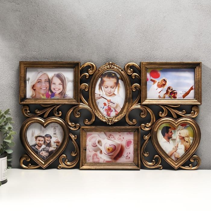 Фоторамка пластик на 6 фото 10х15, 10х10 см Фоторамка пластик на 6 фото 10х15, 10х10 см "Завитки" золото 31,5х53 см