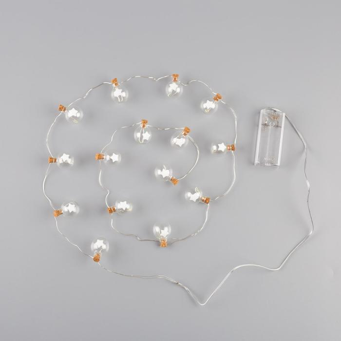 Гирлянда &laquo;Нить&raquo; 1.6 м с насадками &laquo;Шарики со звездой&raquo;, IP20, серебристая нить, 15 LED, батарейки ААх2 (нет в комплекте), свечение тёплое белое