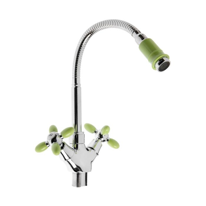 Cмеситель для кухни Cмеситель для кухни "Эверест" B58-071E, двухвентильный, высокий излив, на гайке,хром/зеленый