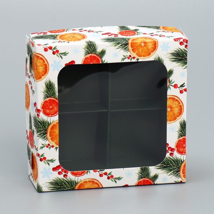 Коробка под 4 конфеты &laquo;Апельсины&raquo;, 10.5 х 10.5 х 3.5 см, Новый год