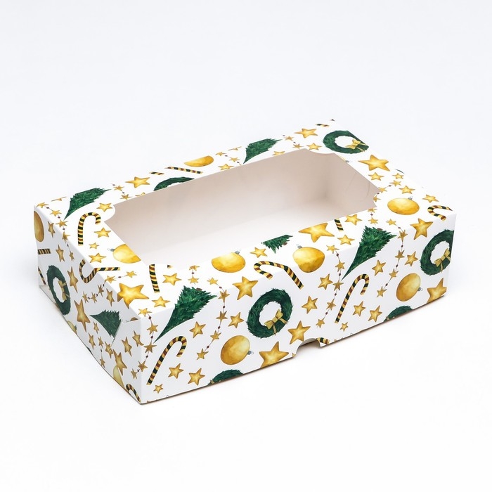 Новый год. Коробка складная, кондитерская упаковка с окном Новый год. Коробка складная, кондитерская упаковка с окном "Звезды и трости", 25 х 15 х 7 см