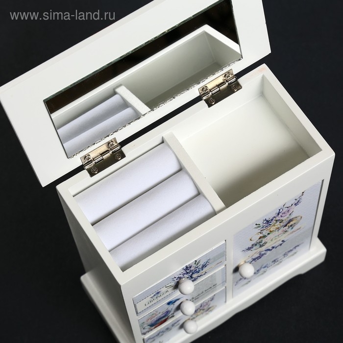 Шкатулка дерево комод 3 ящика+дверка Шкатулка дерево комод 3 ящика+дверка "Синяя птица и лаванда" 19х16х8 см