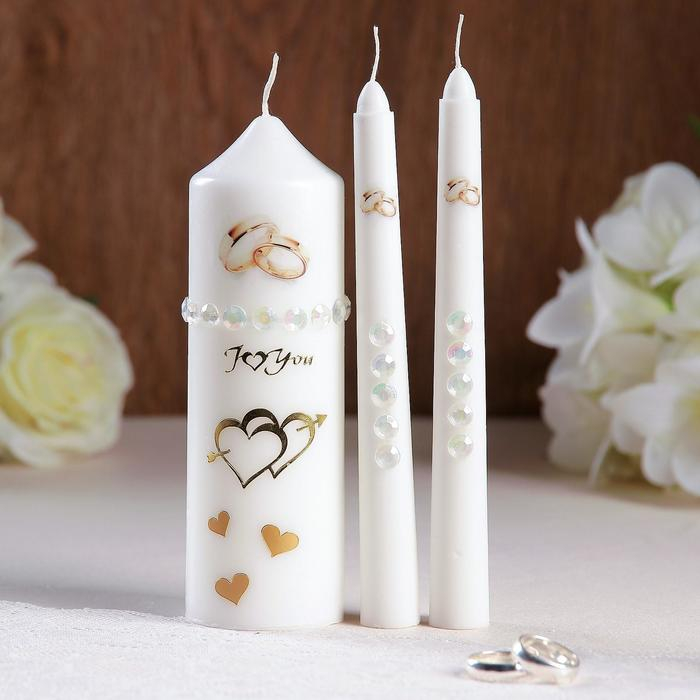Набор свадебных свечей с бусинами Набор свадебных свечей с бусинами "Обручальные кольца", белый, ручная работа, микс