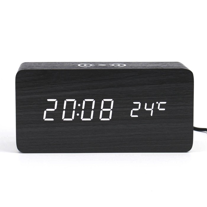 Часы - будильник электронные "Цифра-ТЗ" настольные с термометром и беспроводной QI зарядкой