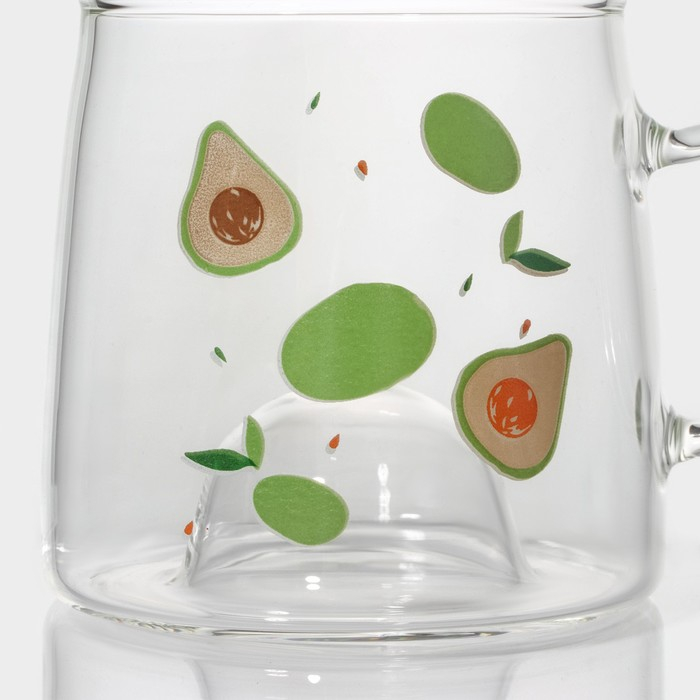 Кружка стеклянная с деревянной крышкой &laquo;Авокадо&raquo;, 350 мл, рисунок МИКС