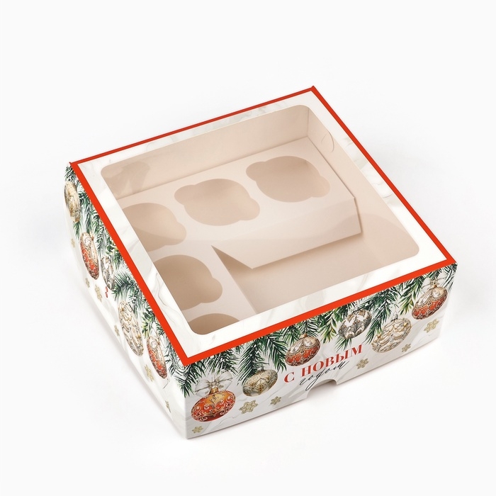 Коробка для капкейков и бенто-торта &laquo;С Новым годом!&raquo;, шары, 25 х 25 х 10 см