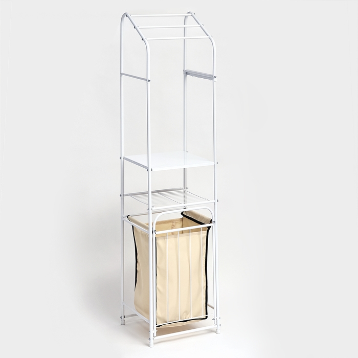 Стеллаж с корзиной для белья и перекладинами, 2-х ярусный, объем корзины 45 л, 38&times;35&times;160 см, цвет белый