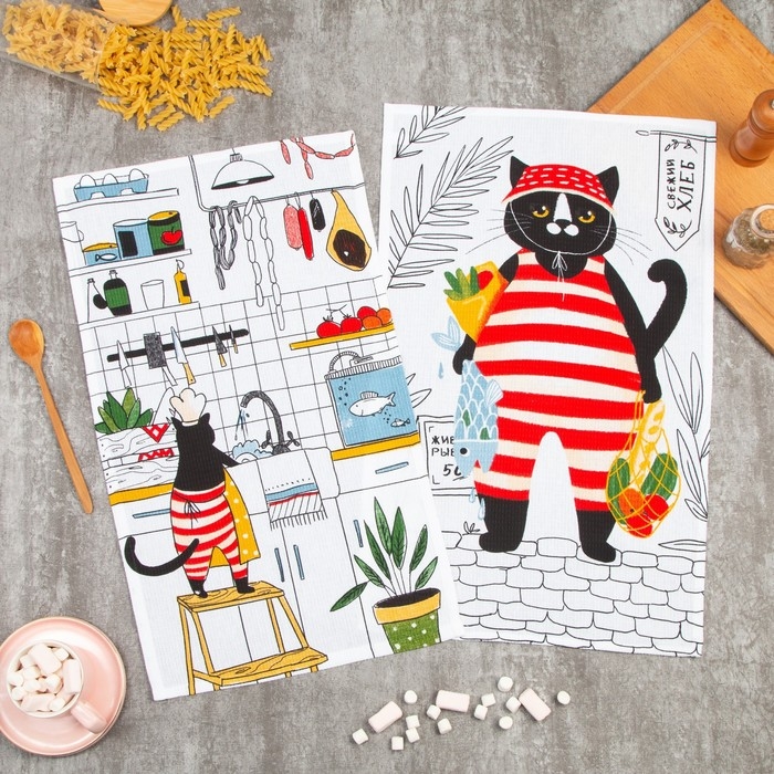 Набор кухонных полотенец Доляна &laquo;Котик на кухне&raquo; 35х60см-2шт, 100% хл