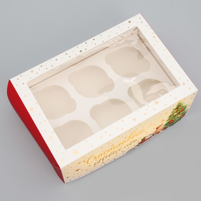 Коробка складная на 6 капкейков с окном &laquo;Счастливого Нового года&raquo;, 25 х 17 х 10 см, Новый год