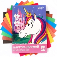 Картон цветной, А4, 8 листов, 8 цветов, немелованный, односторонний, в папке, 220 г/м&sup2;, Минни Маус и Единорог