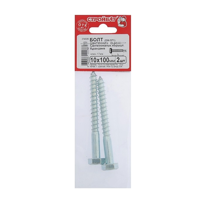 Шуруп-болт СТРОЙБАТ, сантехнический, оцинкованный, DIN 571, М10х100 мм, 2 шт Шуруп-болт СТРОЙБАТ, сантехнический, оцинкованный, DIN 571, М10х100 мм, 2 шт