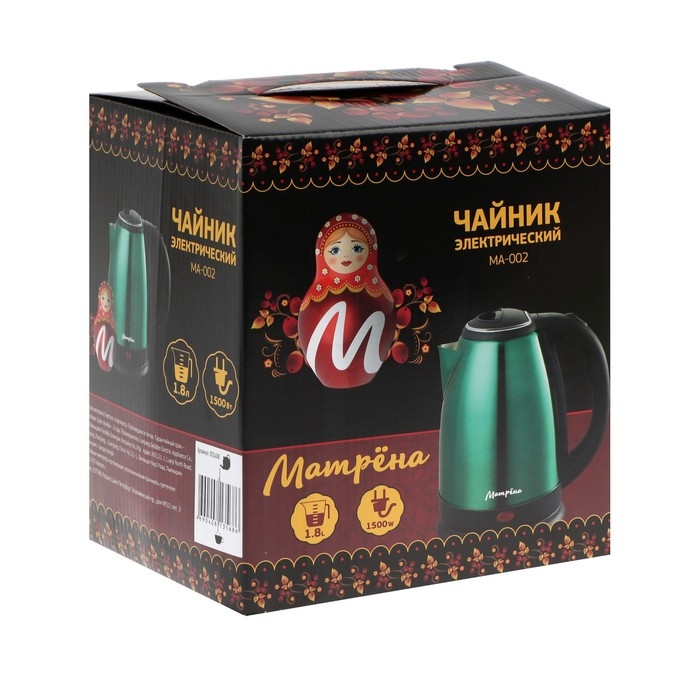 Чайник электрический МАТРЁНА MA-002, металл, 1.8 л, 1500 Вт, зелёно-чёрный Чайник электрический МАТРЁНА MA-002, металл, 1.8 л, 1500 Вт, зелёно-чёрный