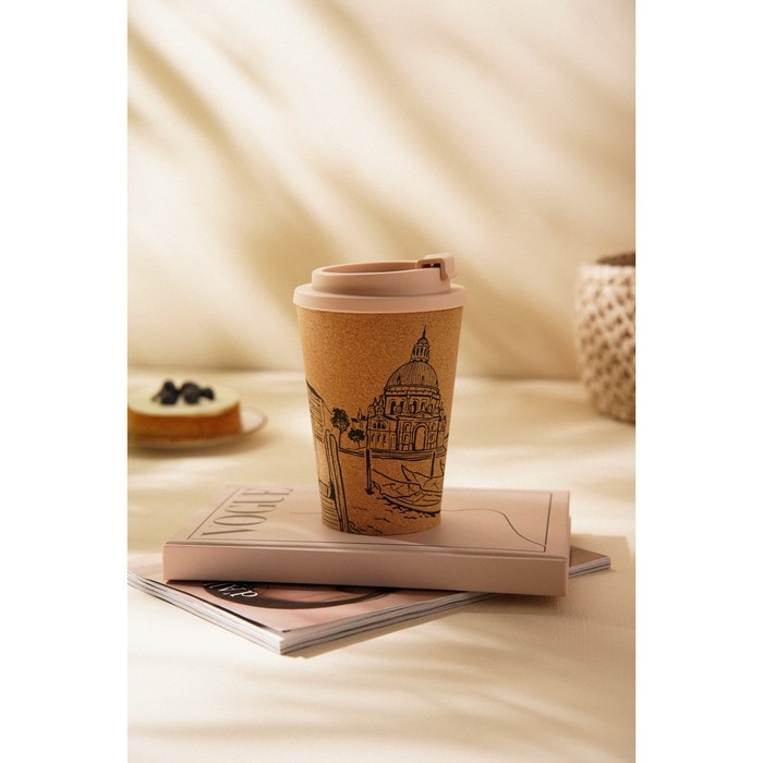 Стакан для кофе с крышкой SL Home &laquo;Венеция&raquo;, пробковый, 350 мл, 9,5&times;9,5&times;14,5 см, цвет бежевый