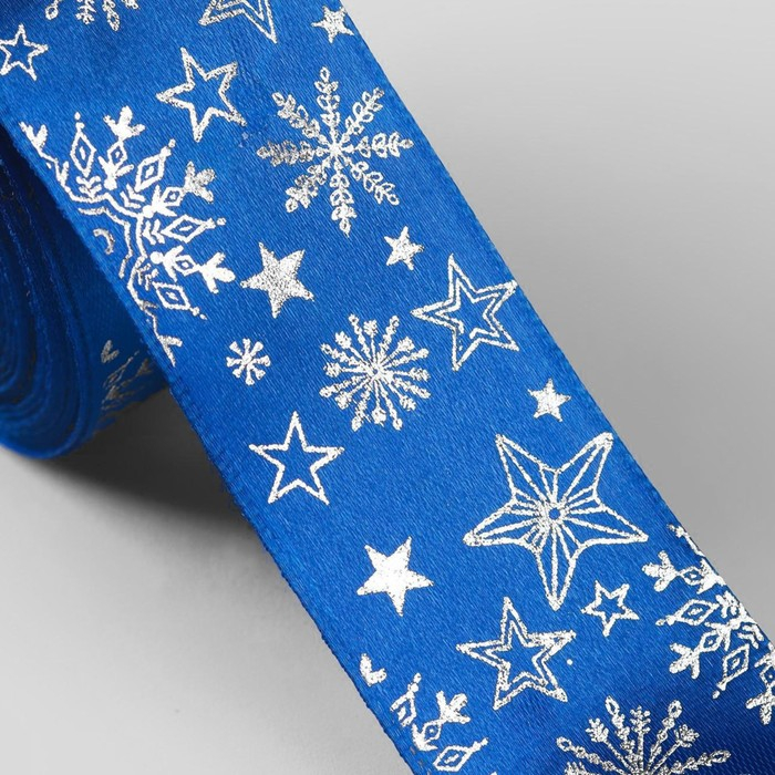 Лента атласная с тиснением &laquo;Снежинки&raquo;, 40 мм, 23 &plusmn; 1 м, цвет синий/серебряный №122