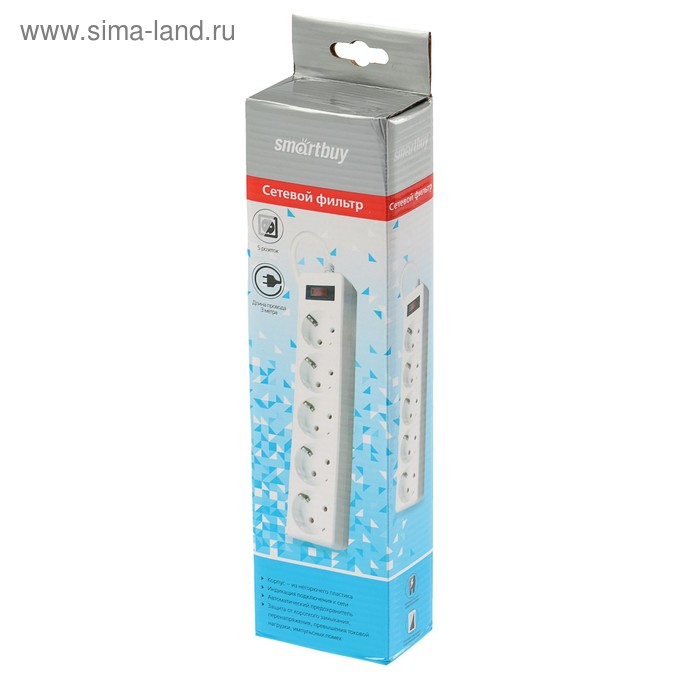 Сетевой фильтр Smartbuy, 5 розеток, 3 м, 10 А, 2200 Вт, с з/к, с выкл., белый