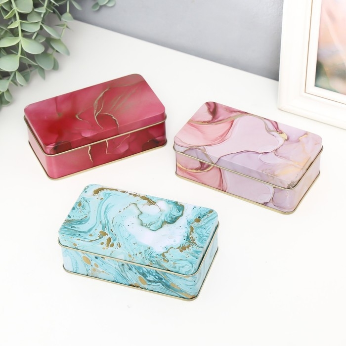 Шкатулка металл прямоугольная Шкатулка металл прямоугольная "Цветной мрамор с золотыми трещинками" МИКС 6,5х3,8х11,5 см