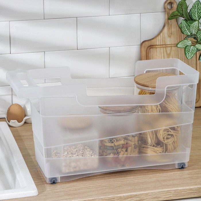 Контейнер хозяйственный с ручкой на колёсиках, 12,5 л, 45×16×25,5 см, прозрачный Контейнер хозяйственный с ручкой на колёсиках, 12,5 л, 45×16×25,5 см, прозрачный