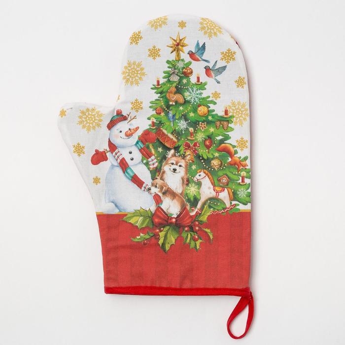 Новый год.Варежка-прихватка "Новогодние игрушки" 20х28см,саржа, 100% х/л, ватин 250г/м2