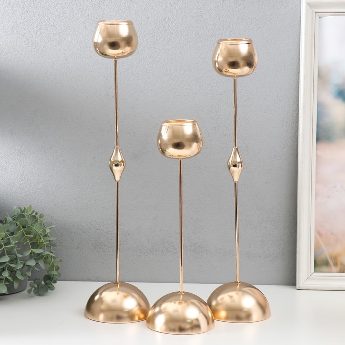 Подсвечник металл на 1 свечу "Капли" набор 3 шт d=5 см золото 12х36,5, 12х46,5, 12х56 см