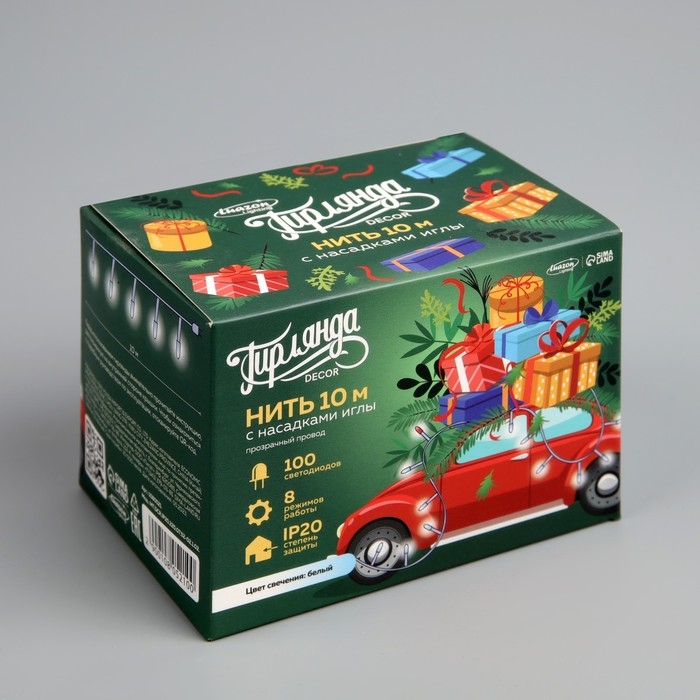 Гирлянда &laquo;Нить&raquo; 10 м с насадками &laquo;Игла&raquo;, IP20, прозрачная нить, 100 LED, свечение белое, 8 режимов, 220 В