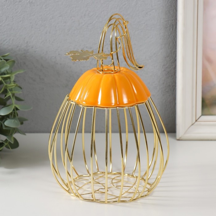 Сувенир вазон металл, керамика Сувенир вазон металл, керамика "Тыква с листочком" оранжевая с золотом 14,3х14,3х21 см