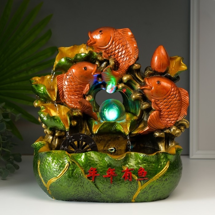 Фонтан настольный от сети, подсветка "Три карпа" 32х29х19 см