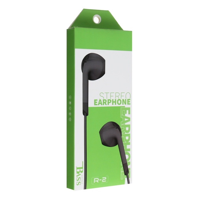 Наушники R-2, проводные, вкладыши, микрофон 1 м, Jack 3.5 мм, чёрные Наушники R-2, проводные, вкладыши, микрофон 1 м, Jack 3.5 мм, чёрные