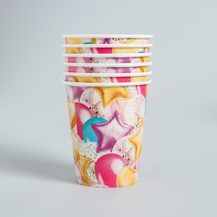 Набор бумажной посуды одноразовый С днём рождения. Шары&raquo;, 6 тарелок, 6 стаканов, 6 колпаков, 1 гирлянда