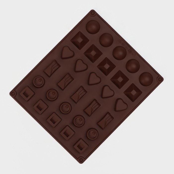 Форма для конфет и шоколада Доляна «Коробка конфет», силикон, 27×23×1,5 см, 30 ячеек (3,2×3,2 см), цвет коричневый Форма для конфет и шоколада Доляна «Коробка конфет», силикон, 27×23×1,5 см, 30 ячеек (3,2×3,2 см), цвет коричневый