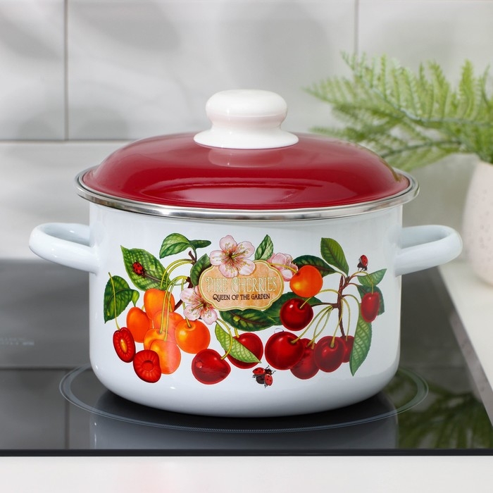 Кастрюля эмалированная &laquo;Черешня&raquo;, 3 л, индукция, цвет белый