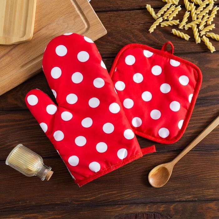 Кухонный набор (2 предмета) Доляна &laquo;Горох&raquo;, цвет красный, прихватка 17х17 см, рукавичка 26х16 см, 100% п/э