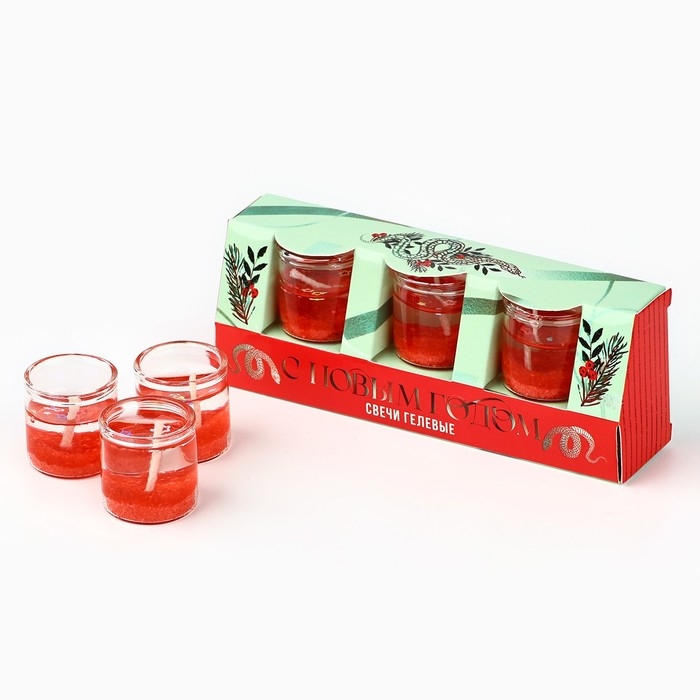 Свечи гелевые новогодние &laquo;С Новым годом!&raquo; на Новый год на Новый год, 3 шт, красные, 2,5 х2,5 х 2,5 см