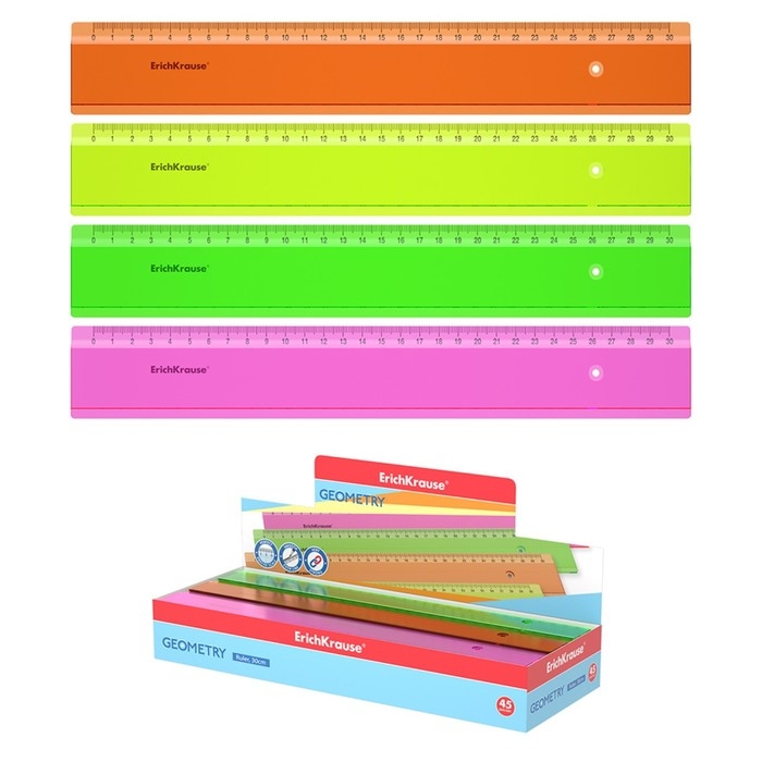 Линейка 30 см ErichKrause Neon, полупрозрачная, пластиковая, МИКС Линейка 30 см ErichKrause Neon, полупрозрачная, пластиковая, МИКС