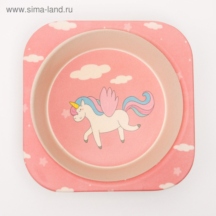 Набор бамбуковой посуды &laquo;Единорог&raquo;, тарелка, миска, стакан, приборы, 5 предметов