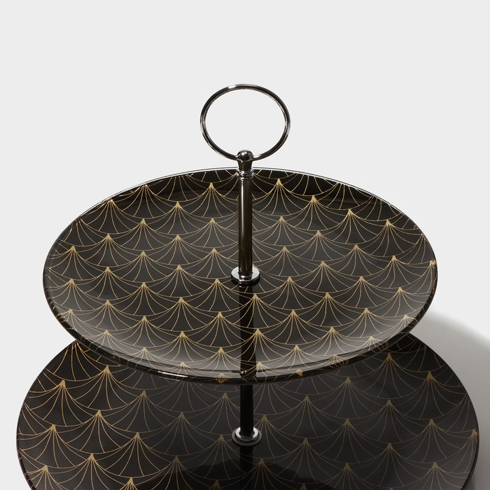 Этажёрка - фруктовница круглая Доляна «Золотое перо», 2 яруса, d=25/20 см, стекло, цвет чёрный Этажёрка - фруктовница круглая Доляна «Золотое перо», 2 яруса, d=25/20 см, стекло, цвет чёрный