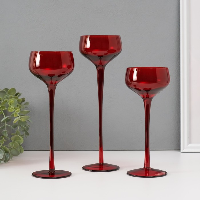Подсвечник стекло "Бокал-креманка" красный набор 3 шт h- 20, 23, 26х8х8 см
