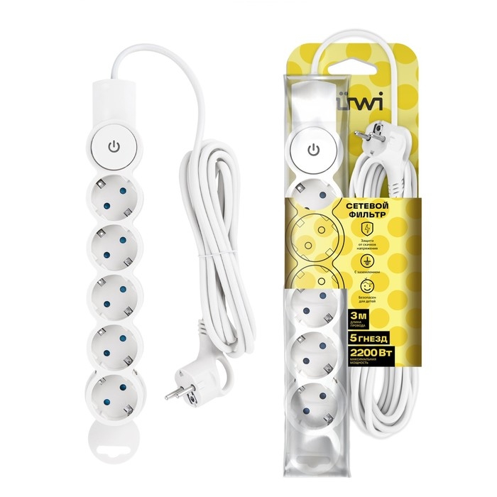 Сетевой фильтр, 5 гнезд, 3м, с/з, со шторками, с выкл, 2200Вт, 10А, бел, 32576 5, duwi Сетевой фильтр, 5 гнезд, 3м, с/з, со шторками, с выкл, 2200Вт, 10А, бел, 32576 5, duwi