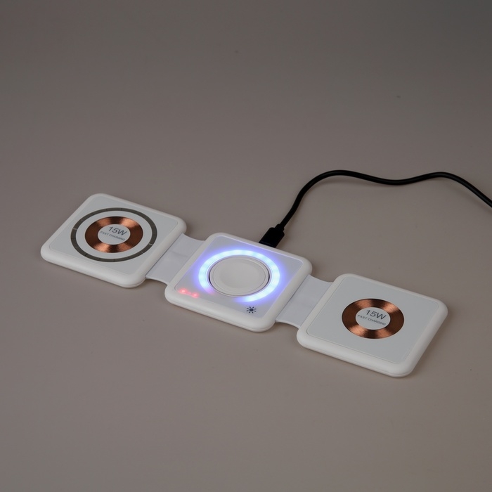 Беспроводная зарядка 3 в 1 H39, 15 W, подсветка, поддержка MagSafe, складная, стекло, белая Беспроводная зарядка 3 в 1 H39, 15 W, подсветка, поддержка MagSafe, складная, стекло, белая