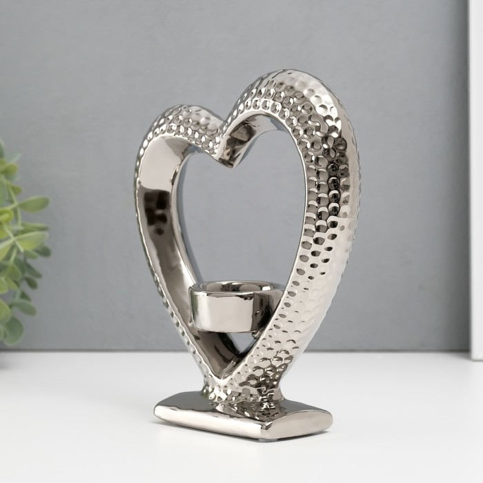 Подсвечник керамика на 1 свечу Подсвечник керамика на 1 свечу "Сердце на подставке" d=4 см серебро 17х5,5х19,5 см
