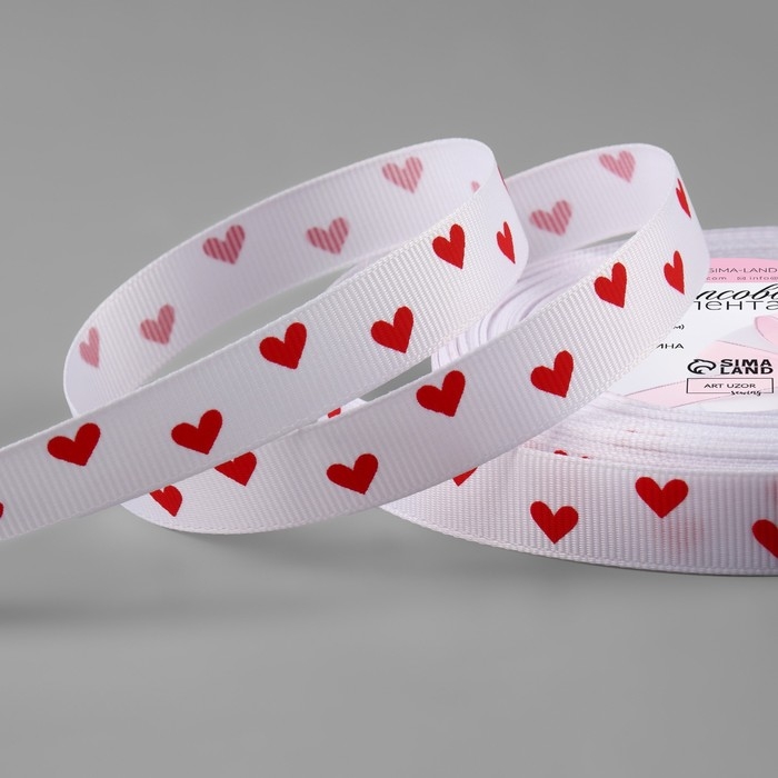 Лента репсовая &laquo;Сердечки&raquo;, 15 мм, 23 &plusmn; 1 м, цвет белый/красный №001