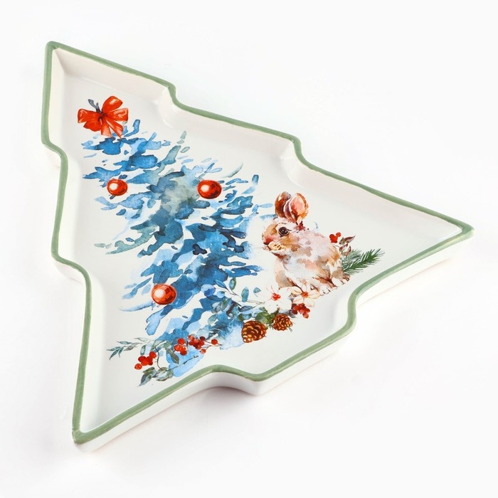 Новый год! Блюдо новогоднее керамическое &laquo;Зайка&raquo;, 23х22х2 см, цвет белый