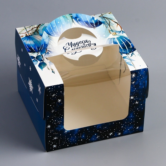 Новый год. Коробка под бенто-торт с окном "С Новым годом!", 16 х 16 х 12,5 см