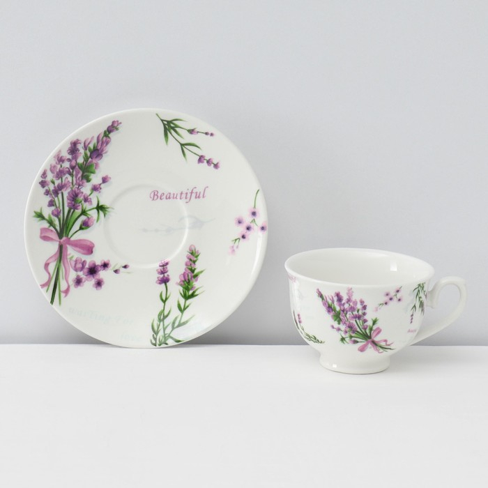 Сервиз фарфоровый кофейный Доляна &laquo;Лаванда&raquo;, 12 предметов: 6 чашек 80 мл, 6 блюдец d=11,5 см, цвет белый