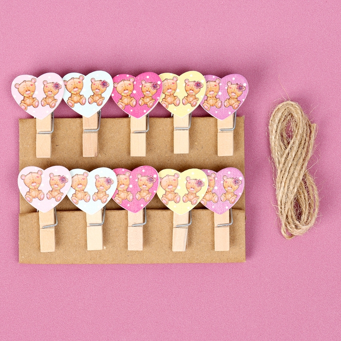 Прищепки декоративные с верёвкой для подвеса «Сердечки» набор 10 шт., 2,5 × 12,5 × 13,5 см Прищепки декоративные с верёвкой для подвеса «Сердечки» набор 10 шт., 2,5 × 12,5 × 13,5 см